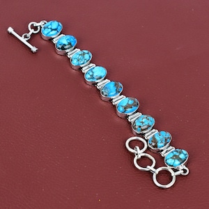Tibetan Turquoise Bracelet: Handmade 925 Sterling Silver Adjustable Chain
