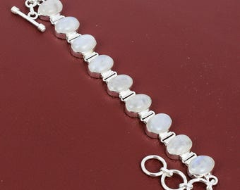 Bracelet En Argent Sterling 925 Avec Pierre De Lune Arc-en-ciel - Fait Main, Réglable, Bijou Naturel !