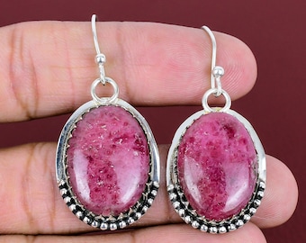 Handgefertigte Rhodonit Ohrringe, 925 Sterling Silber, Boho Ohrhänger