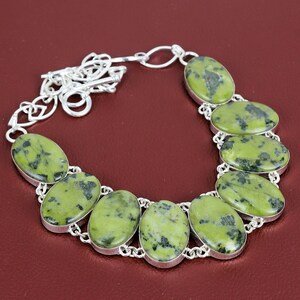 Handmade Serpentine Gemstone Necklace: 925 Sterling Silver, Adjustable Chain