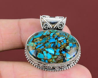Handmade Copper Chrysocolla 925 Sterling Silver Pendant:  Style