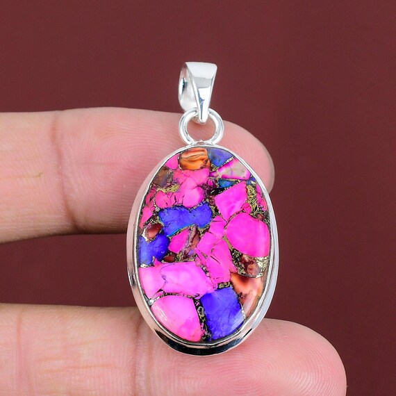 Natural Kingman Pink Dahlia Turquoise Pendant – Oval, 925 Sterling Silver, Handcrafted