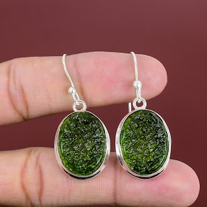 Handmade Oval Moldavite Earrings: 925 Sterling Silver Gemstone Jewelry