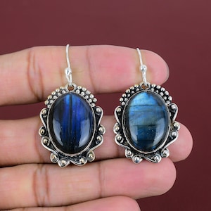 Labradorite Dangle Earrings: Handmade 925 Sterling Silver Gemstone Jewelry