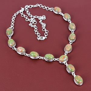 Handmade Unakite Gemstone Necklace: 925 Sterling Silver, Adjustable Chain