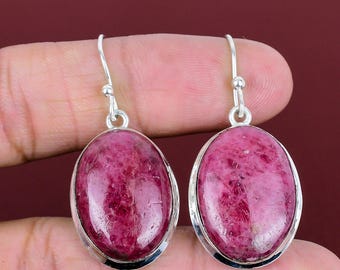 Boucles d'oreilles faites main en rhodonite, bijoux ovales en argent sterling avec pierres précieuses