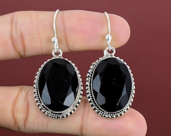 Faceted Black Onyx Earrings:  925 Sterling Silver Dangle
