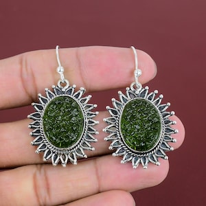 Handmade Moldavite Dangle Earrings: 925 Sterling Silver Gemstone Jewelry