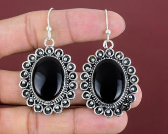 Handmade Black Onyx 925 Sterling Silver Earrings: Antique Style