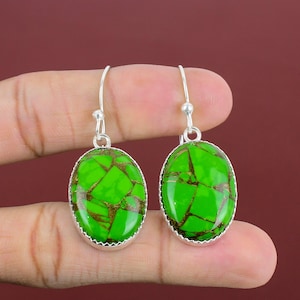 Handmade Copper Green Turquoise Earrings: 925 Sterling Silver Dangle Jewelry
