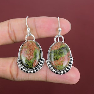 Handmade Oval Unakite Earrings: 925 Sterling Silver Gemstone Jewelry