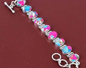 Cotton Candy Turquoise Bracelet, Handmade 925 Sterling Silver Adjustable Chain