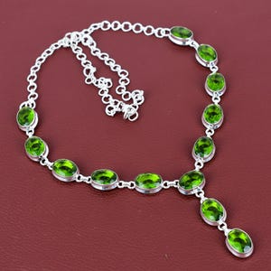Faceted Peridot Gemstone Necklace: Handmade 925 Sterling Silver, Adjustable Chain