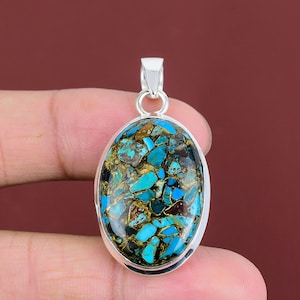 Handmade Copper Chrysocolla Pendant: 925 Sterling Silver, Oval Gemstone