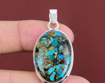 Handmade Copper Chrysocolla Pendant: 925 Sterling Silver, Oval Gemstone
