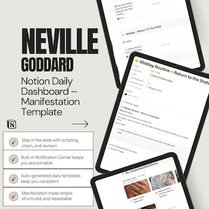 Op de afbeelding: Een digitaal scherm dat een Notion-dashboardtemplate voor dagelijkse manifestatieroutines weergeeft. De template bevat secties voor ochtend- en middagroutines, met titels zoals "Voer de wens in die vervuld is" en "Terug naar de staat". Het scherm toont ook een sectie voor "Mijn doelen/manifestaties" met afbeeldingen van een ring, geld, een gelukkig stel en een gezond lichaam.