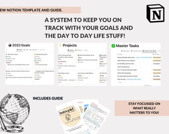 May include: A screenshot of a Notion template with a system to help you stay on track with your goals and day-to-day life. The template is divided into three sections: 2022 Goals, Projects, and Master Tasks. The template also includes a guide with the text "Intrepid Notion System Guide".