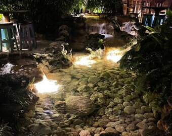 Puede incluir: Una vista nocturna de un pequeño arroyo rocoso con una cascada que fluye a través de un exuberante jardín tropical. El arroyo está iluminado por luces suaves y blancas, creando un ambiente sereno y acogedor.