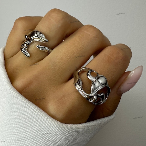 Chunky Hollow Molten Liquid Metal Silver Rings for Women Irregular
