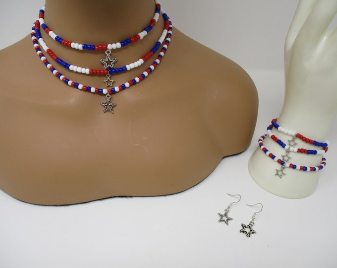 Featured listing image: 19. U.S.A American Flag Beaded Necklace/Bracelet/Earrings Set