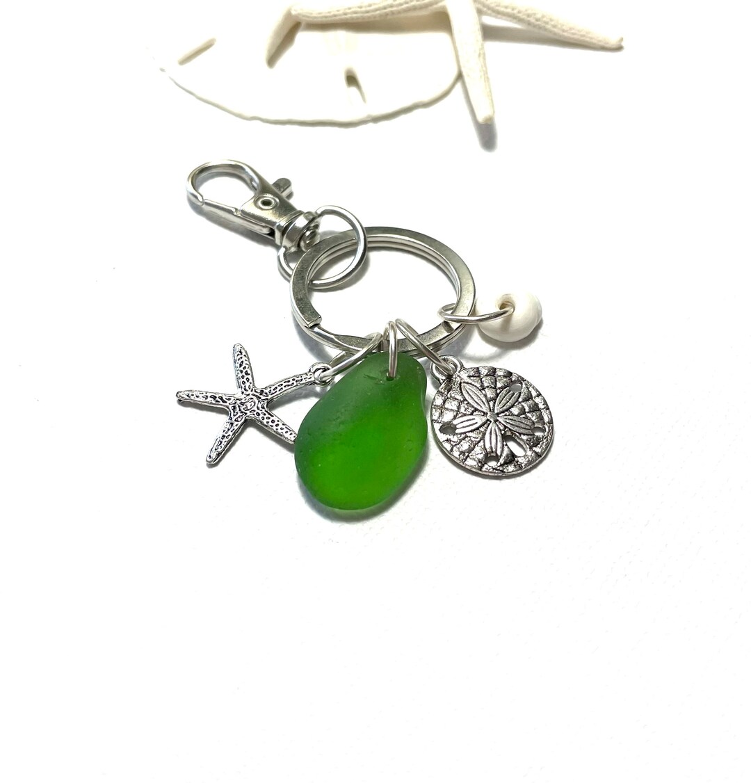 Genuine Sea Glass Key Ring. Beach Keychain Garden Leaf Design - Etsy