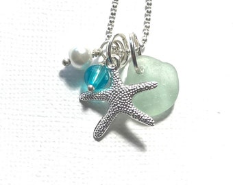 Sea Glass Starfish Necklace Beach Charms Seafoam Sea Glass Garden Leaf Designs Arts