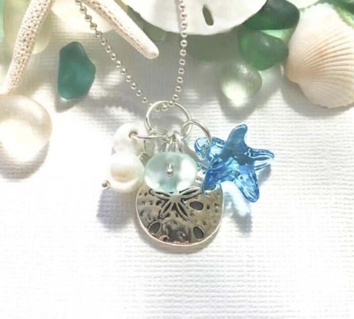 Sea Glass Necklace Starfish Sand Dollar Beach Mix Charms Garden Leaf - Etsy