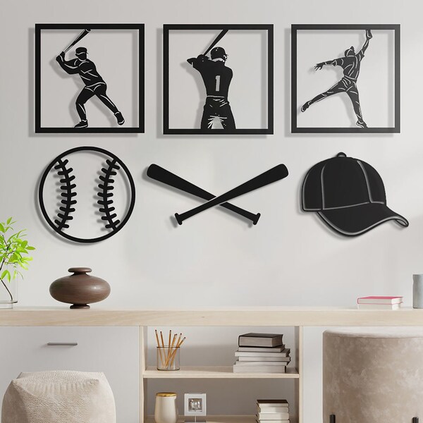 Baseball Wall Art Set, 6 Pieces Sports Sign, Baseball Players, Gift for Baseball Players, Baseball Wood Wall Decor, Gift for Him