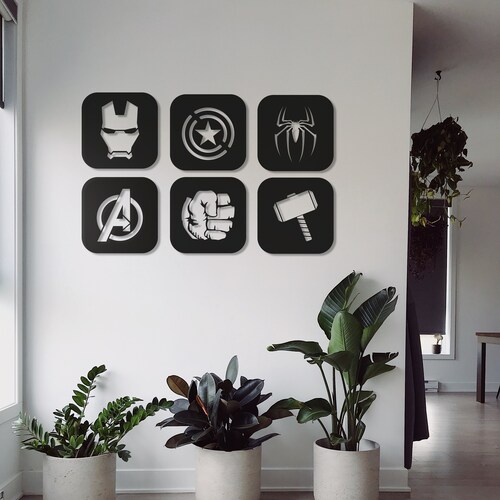 Avengers 7 Panel Wall Art Set Wooden Superhero Logo Wall Etsy