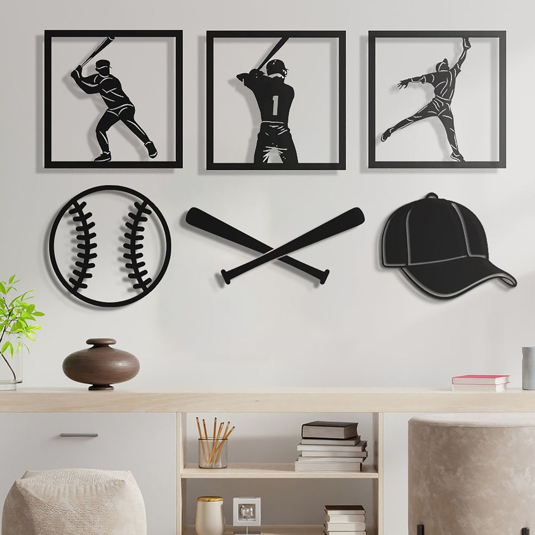 Baseball Wall Art Set, 6 Pieces Sports Sign, Baseball Players, Gift for