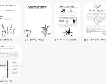 May include: A black and white illustrated herbal journal with various pages. The cover reads "Herbal Journal" with illustrations of herbs and apothecary items. Other pages include "Belongs To", "Do You Know", "What is an Herb", "How Do Plants Get Their Name", "Scientific Classification", and worksheets.