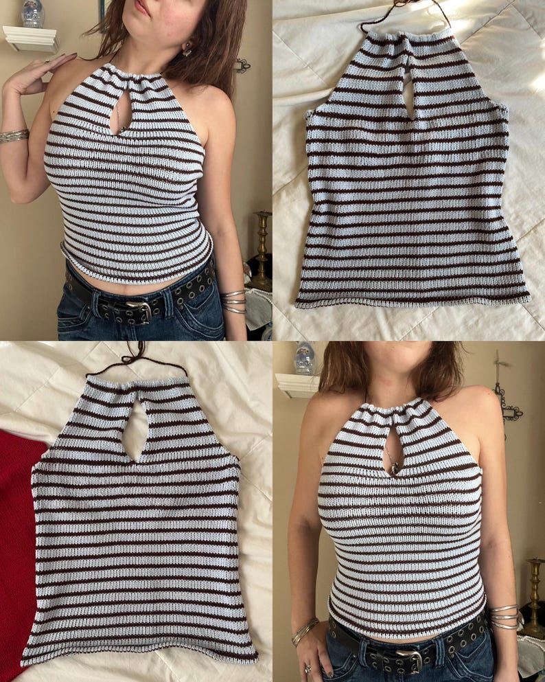 May include: A halter top with horizontal stripes in light blue and dark brown. The top has a keyhole detail at the neckline and a tie closure. The top is made of a knitted material.