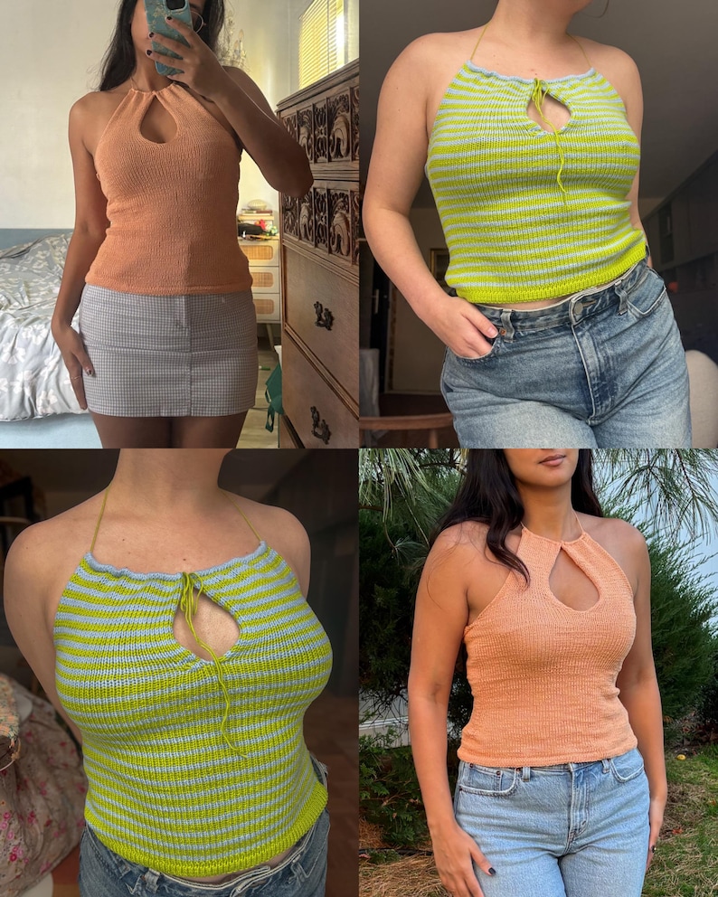 May include: Four images showcasing knitted halter tops. Two are peach-colored, featuring a keyhole detail. The other two are lime green with blue stripes. All tops have a halter neck design, perfect for warm weather.