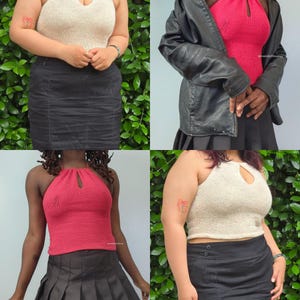 May include: A collection of four images showcasing knitted halter tops. Two tops are a light beige color, and two are a vibrant red. Each top features a keyhole detail at the neckline. The tops are paired with black skirts.