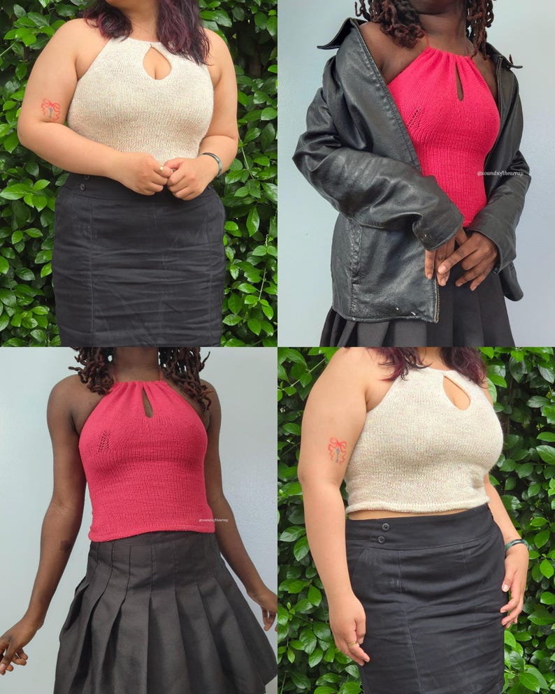 May include: A collection of four images showcasing knitted halter tops. Two tops are a light beige color, and two are a vibrant red. Each top features a keyhole detail at the neckline. The tops are paired with black skirts.