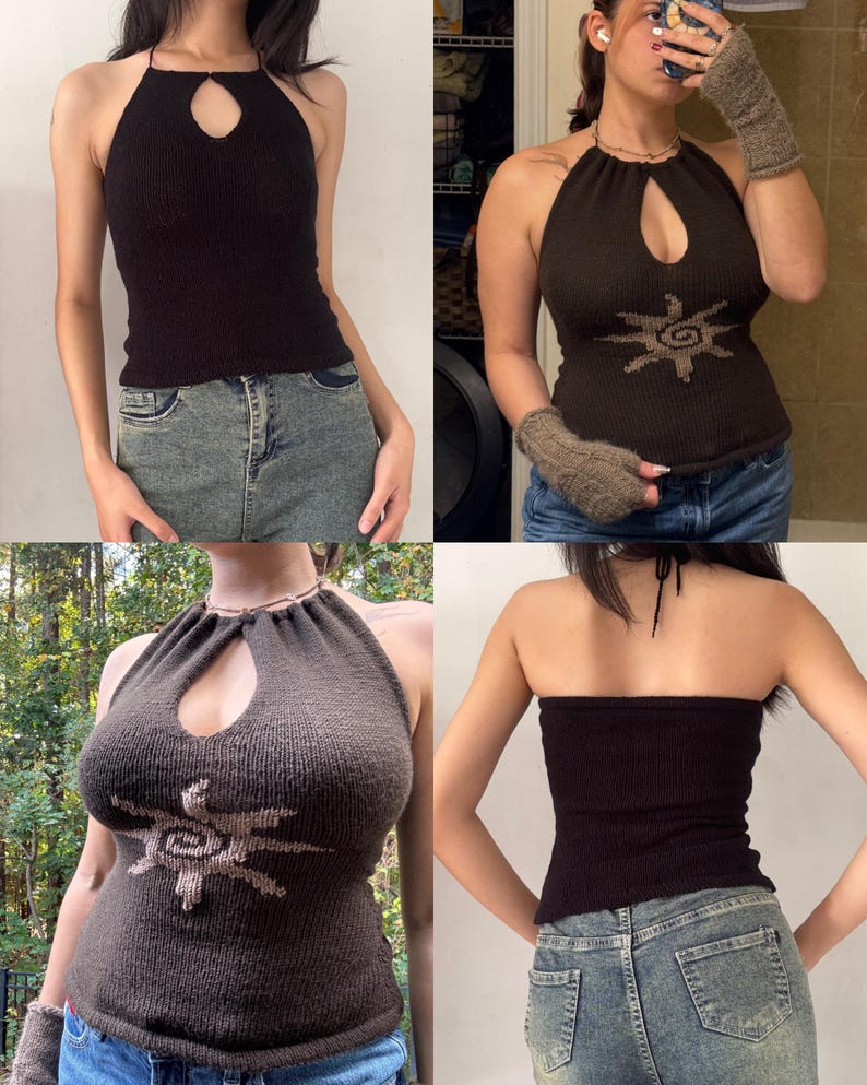 May include: A collection of halter tops in various shades of brown and black. The tops feature a keyhole design at the neckline. One top has a sunburst design. The tops are paired with blue jeans. The tops are made of a knitted material.