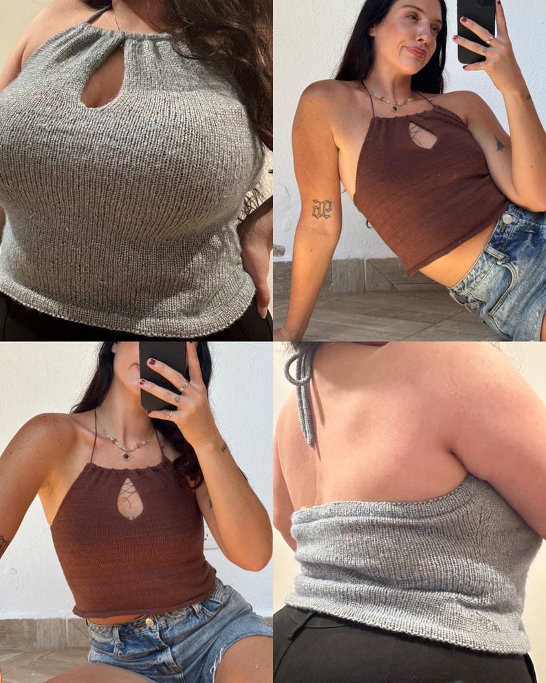 May include: A knitted halter top in gray and brown. The tops feature a keyhole detail at the bust and tie at the neck. The tops are made of a soft, textured knit fabric. The halter tops are a stylish and comfortable choice for warm weather.