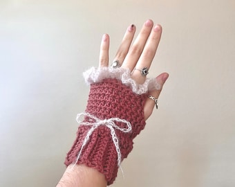 PDF Delilah fingerless gloves- crochet PDF pattern only- ruffles bow coquette