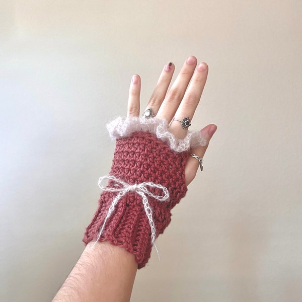 PDF Delilah fingerless gloves- crochet PDF pattern only- ruffles bow coquette