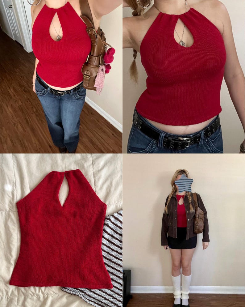 May include: A red halter top with a keyhole neckline. The top is ribbed and appears to be made of a knit material. The top is paired with blue jeans and a black belt. A brown leather bag is also visible.