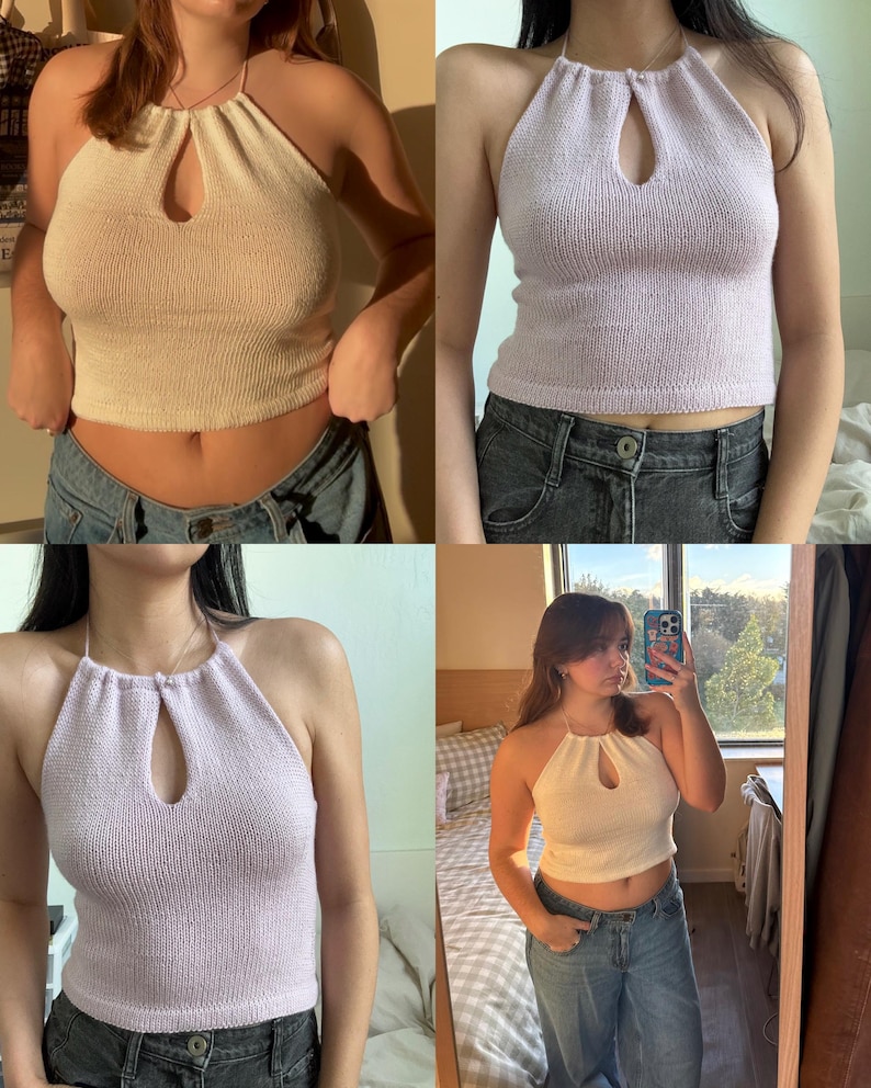 May include: A collection of four halter tops in cream and lavender. Each top features a keyhole detail at the neckline. The tops are made of a knitted material and are paired with blue jeans.