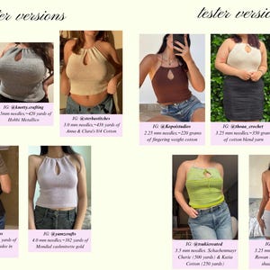 May include: A collection of halter tops in various colors, including black, gray, brown, beige, red, and green. Each top features a keyhole detail at the neckline. The image includes text indicating the yarn and needle sizes used for each top.