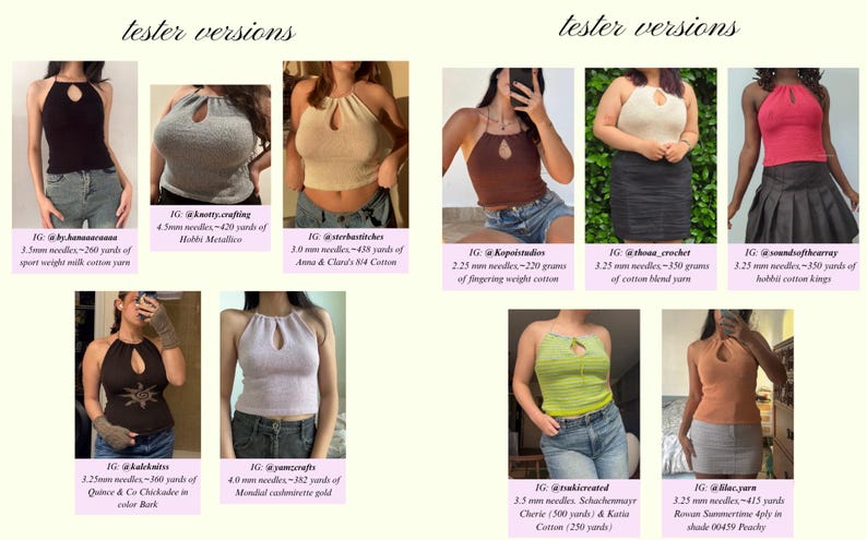 May include: A collection of halter tops in various colors, including black, gray, brown, beige, red, and green. Each top features a keyhole detail at the neckline. The image includes text indicating the yarn and needle sizes used for each top.