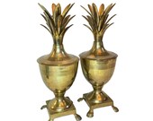 Pair Vintage Brass Pineapple Candle Holder Urn Lid Claw Feet Regency Grand Millennial