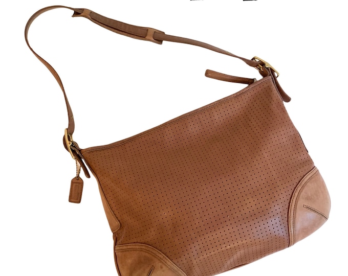 Vintage Coach Bag 9218 Perforated Camel Tan Brown Leather Slim Legacy