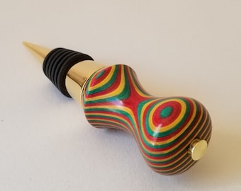 Wine Bottle Stopper in ' Rasta ' Red, Gold and Green