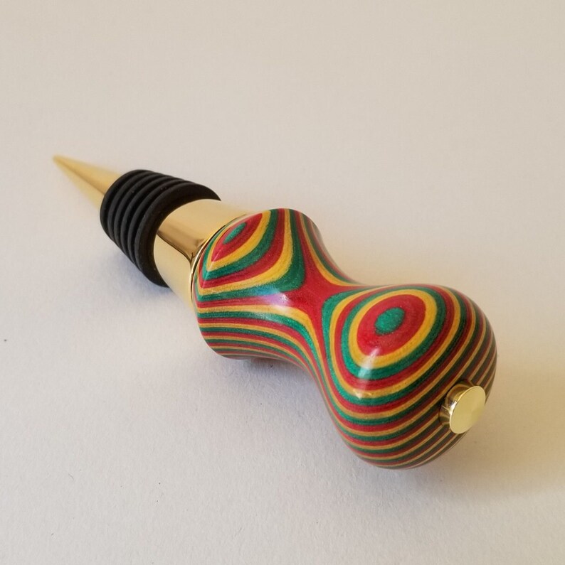 Wine Bottle Stopper in ' Rasta ' Red, Gold and Green image 1