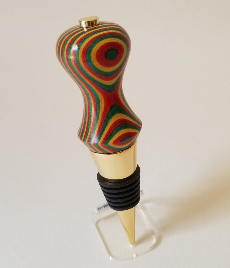 Wine Bottle Stopper in ' Rasta ' Red, Gold and Green image 2