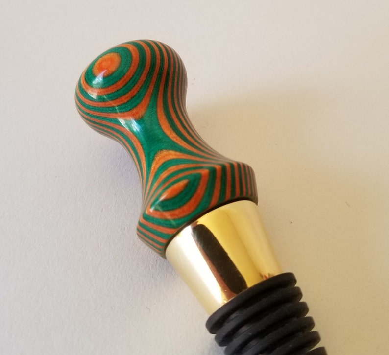 Hand Turned Wooden Wine Bottle Stopper in Orange, Green and Gold image 4