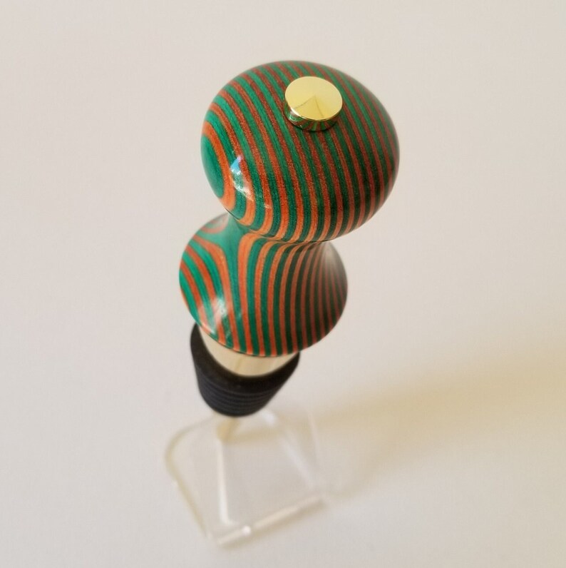 Hand Turned Wooden Wine Bottle Stopper in Orange, Green and Gold image 5